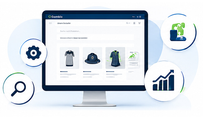 Gambio-Shop Darstellung mit Symbolen für Einstellungen, Suche, Module und Wachstum