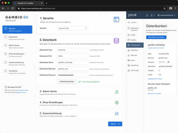 Browserbasierte Installation von Gambio mit Datenbankdetails