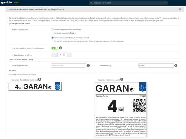 Preview: EU-GARAN & Gewährleistungslabel für Gambio (ab v5.0.2.0)