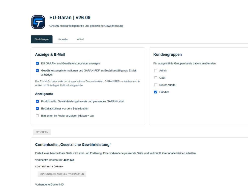 EU-GARAN & Gewährleistungslabel für Gambio (ab v5.0.2.0)