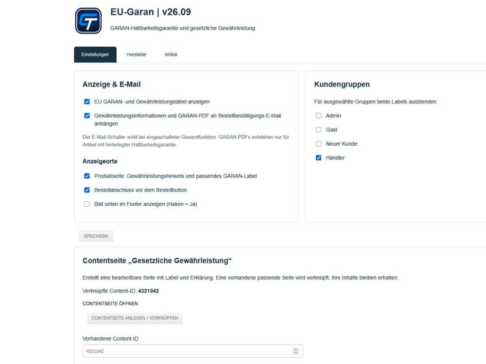 EU-GARAN & Gewährleistungslabel für Gambio (ab v5.0.2.0)