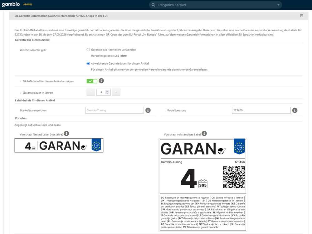 EU-GARAN & Gewährleistungslabel für Gambio (ab v5.0.2.0)