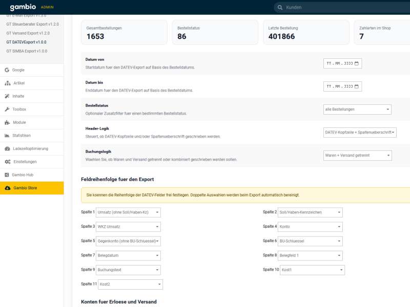 Gambio DATEV Export Modul – Buchungsstapel aus Bestellungen exportieren