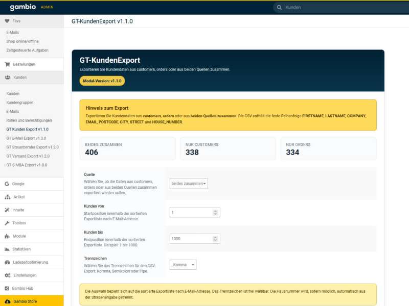 Export Modul Kunde/Customer - Kundendaten und Adressen