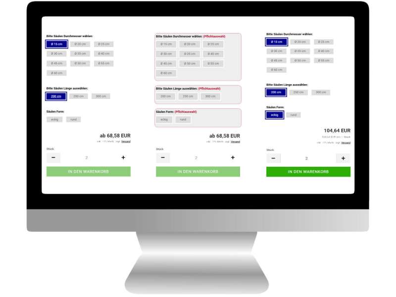 Pflichtprüfung für Bestelloptionen im GX Warenkorb